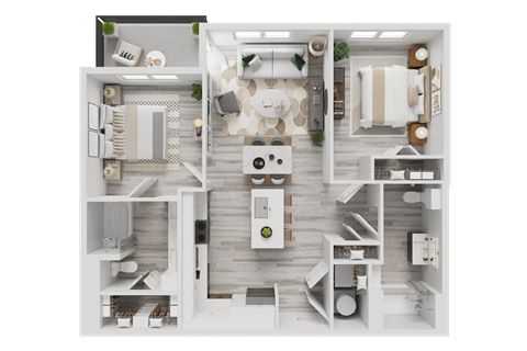 Floor plan for 2 beds, 2 baths, 979 sqft